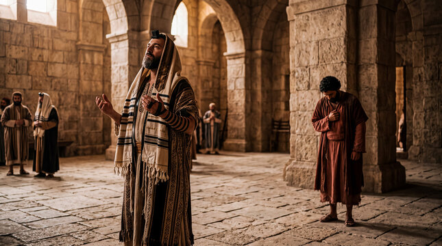 A Pharisee and a tax collector pray in the temple.