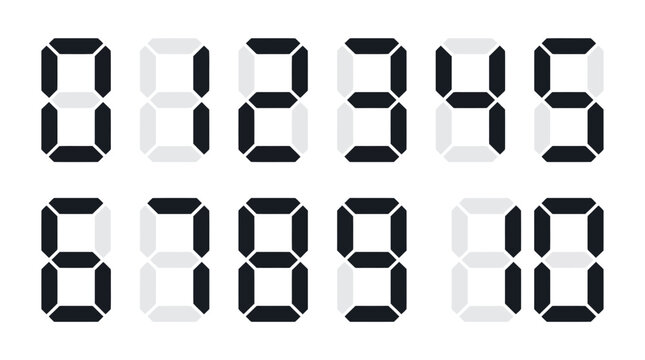 Set of black digital numbers from zero to ten in seven segment display style on white background, ideal for electronic interface design, countdown timers and calculator graphics