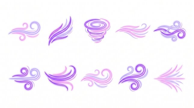 Set of purple and pink stylized wind flow icons with swirly breeze patterns on white background, ideal for weather forecasting apps, motion graphic design and cosmetic packaging branding