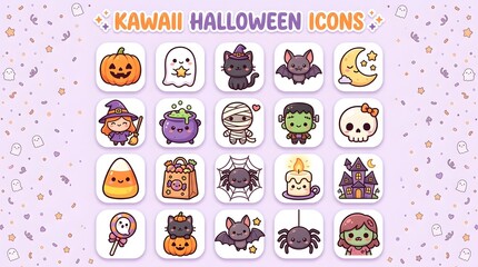 Fototapeta premium Set of Cute Kawaii Style Halloween Icons
