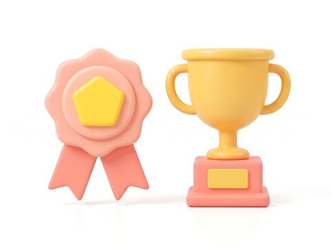 Golden trophy cup and achievement award ribbon 3D icon with competition achievement champion
