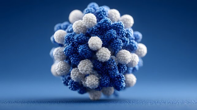 Abstract blue and white molecular structure sphere 3D render macro detail for medical science research background