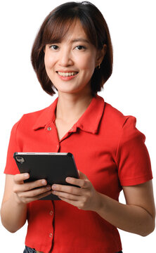 Asian woman smiling while holding tablet in red shirt isolated on transparent background