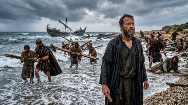 Paul surviving a shipwreck with soldiers and prisoners reaching the shore.