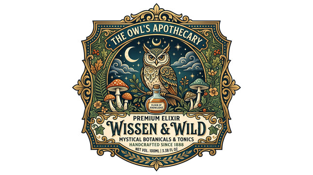 Owl apothecary label illustration ornate floral frame and vintage typography