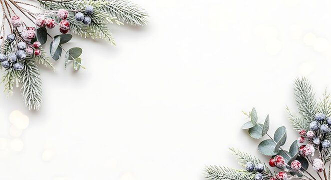 Festive christmas border with snowy pine branches and red berries on white