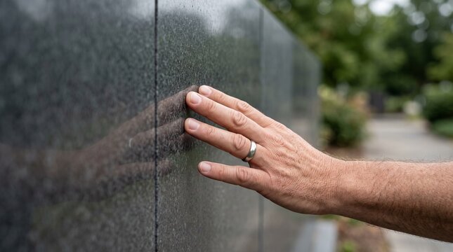Person touches a stone wall in a memorial park during the day in a quiet outdoor setting