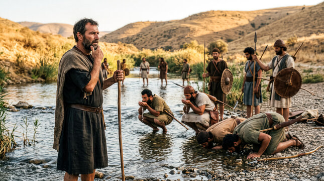 Gideon observing his men as they drink water from the river during God's test.