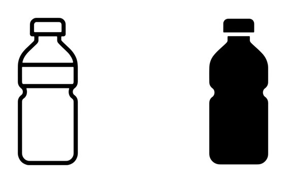 Two Plastic Water Bottles, Outline and Solid Silhouette, Refreshment and Hydration Icons, Clear Liquid Container Graphics