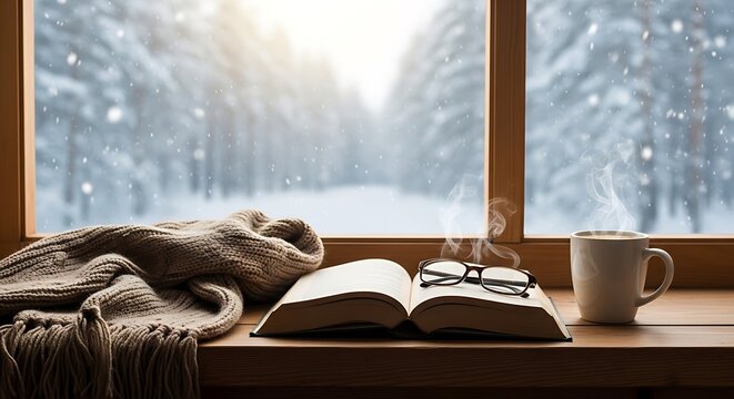Cozy winter scene with an open book and hot drink by window