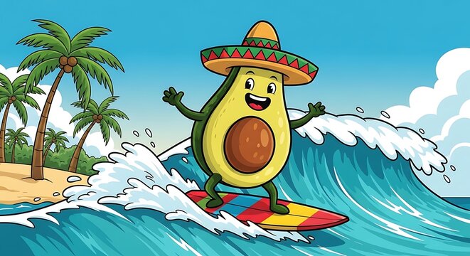 Happy cartoon avocado wearing a sombrero surfing on a sea wave