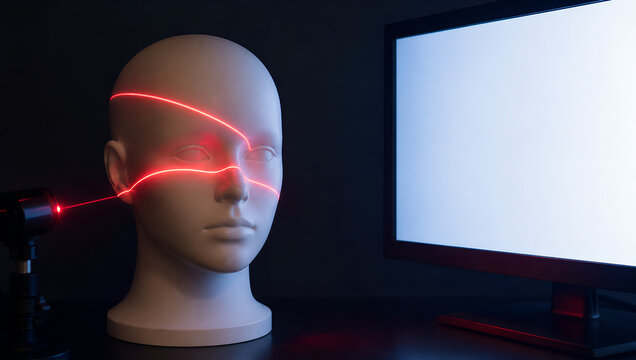 Laser face scan technology security surveillance biometric identification calm mannequin head with red laser line scan near blank monitor screen