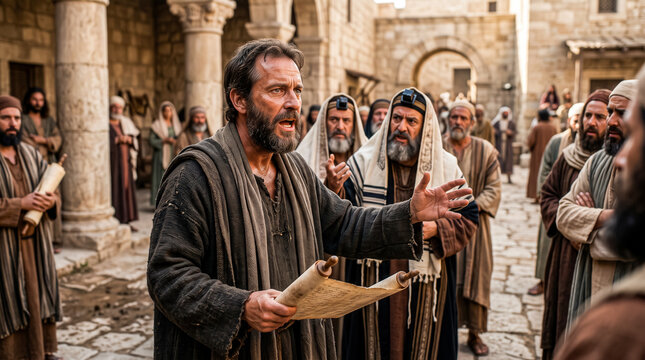 Biblical scene of the apostle Paul debating with religious leaders.