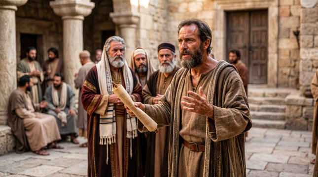 Biblical scene of the apostle Paul debating with religious leaders.