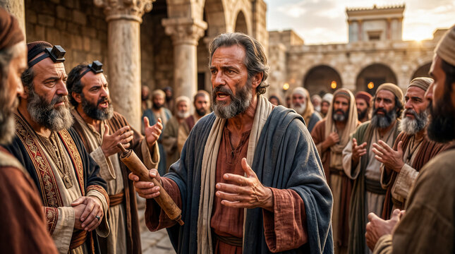Biblical scene of the apostle Paul debating with religious leaders.