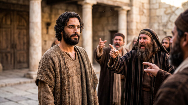 Biblical scene of Jesus Christ debating with religious leaders.