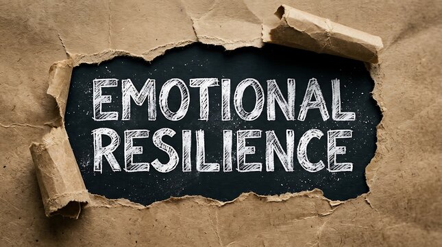 The phrase emotional resilience written in chalk on a blackboard revealed behind torn brown wrapping paper