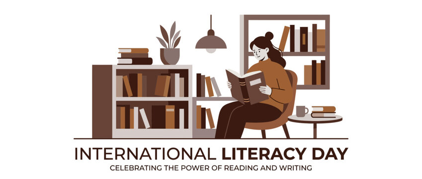 Woman reading book in cozy library, celebrating literacy