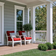 Fototapeta premium Red chair porch white column window cushion outdoor summer green plant wooden floor peaceful