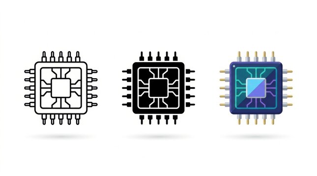 Microchip Icons Set: A collection of three stylized icons representing a microchip processor, showcasing outline, silhouette, and colorful detailed versions.