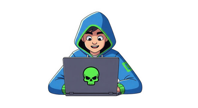 Pixel art hacker boy wearing a blue hoodie working on his laptop isolated on transparent background