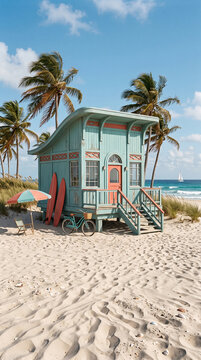 Colorful Tripical Beach Cottage with surfboards and bicycle 