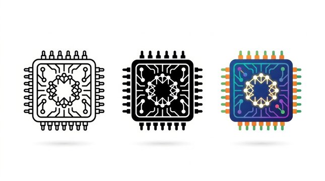 Central Processing Unit Icons: A set of three stylized icons representing a central processing unit (CPU), showcasing different design styles from outline to solid black and a vibrant colored version.