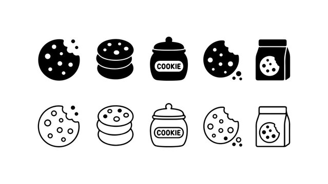 Cookie and Cookie Jar Icon Set in Silhouette and Outline Style Vector
