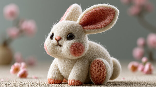Rabbit figurine crafted from soft felt sits patiently on a textured surface with delicate pink cherry blossom branches visible in the soft-focus background.