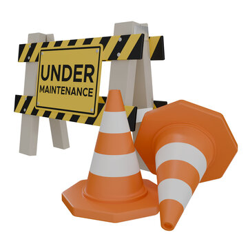 3D render illustration featuring an under maintenance sign barrier with orange traffic cones. Ideal for website error pages, system updates, coming soon UI templates, and technical maintenance landing