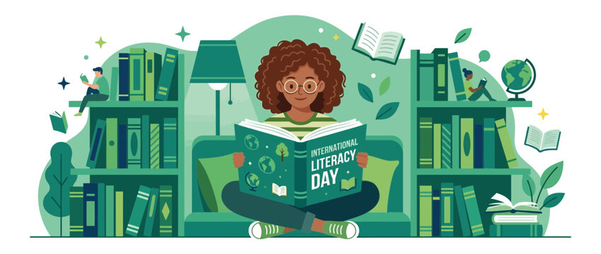 Girl Reading Book Surrounded by Bookshelves