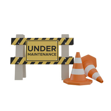 3D render illustration featuring an under maintenance sign barrier with orange traffic cones. Ideal for website error pages, system updates, coming soon UI templates, and technical maintenance landing