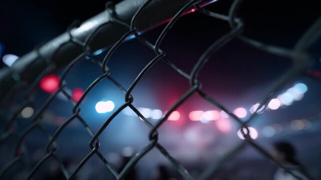 Close Up Chain Link Fence at Night with Blurred Neon Lights