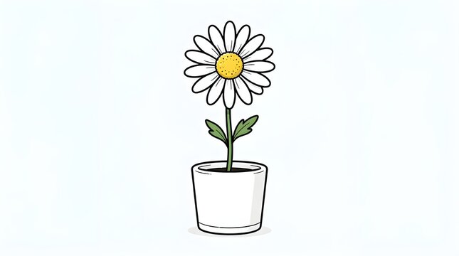 A cute white daisy flower in a minimalist white pot. Simple hand-drawn vector illustration isolated on a white background. Great for spring, nature, and botanical graphic designs.