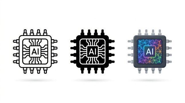 AI Chip Icons: A set of three stylized icons representing an AI processor chip, featuring a central AI designation and surrounding pins, in line art, solid black, and colorful rendered versions.
