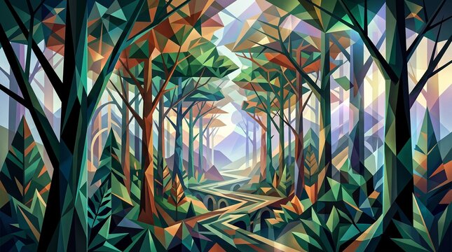 Abstract geometric forest path with holographic colorful trees in low poly style illustration