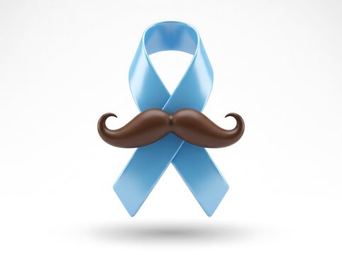 3D light blue ribbon with a brown mustache representing men's health awareness mustache awareness