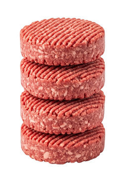 A stack of four fresh raw beef burger patties with a textured surface ready for the grill isolated on transparent background