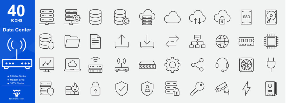 Data Center Line Icons Collection On White Background. Cloud computing, server, storage, network, database, cybersecurity, infrastructure, hosting collection