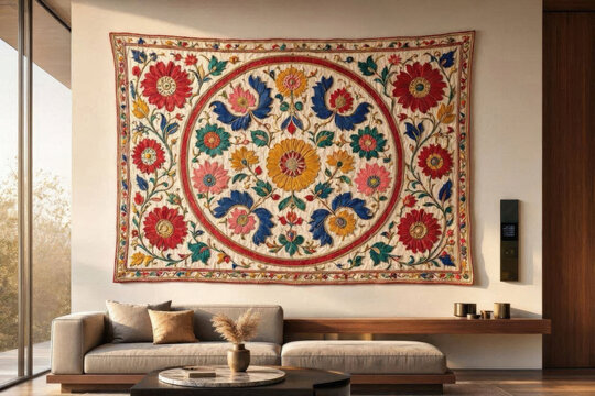Colorful Suzani embroidered wall hanging in modern living room