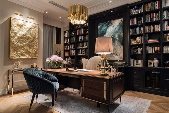 Luxurious home office interior with dark bookshelves and gold decor