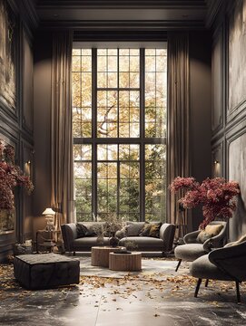 Luxurious living room with tall window showing autumn foliage
