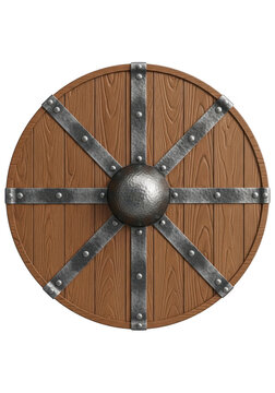 Round wooden medieval shield with metal iron reinforcement and central steel boss for combat isolated on transparent background