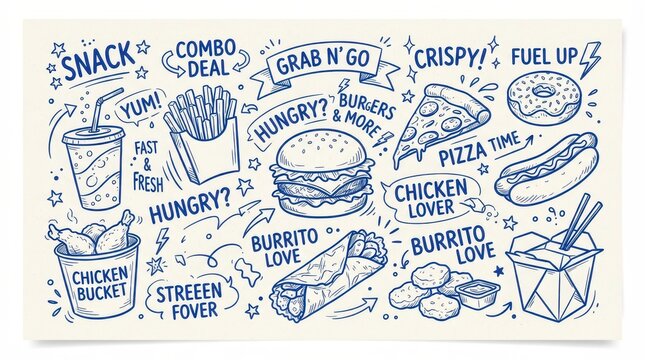Fast food doodle collage with typography and illustrations of burger, pizza, fries, chicken bucket, and burrito