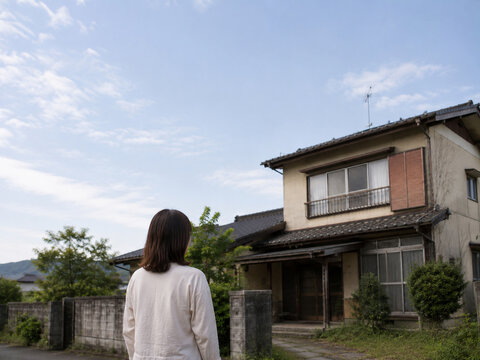 Rear view of an adult woman looking at an old family house before a home cleanout