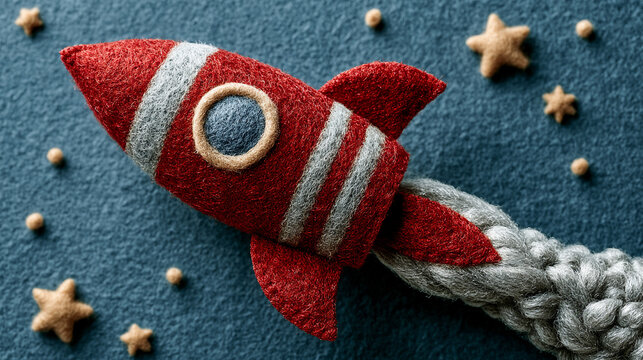Rocket craft made of red and grey felt features a braided yarn exhaust trail against a dark blue star-filled background.