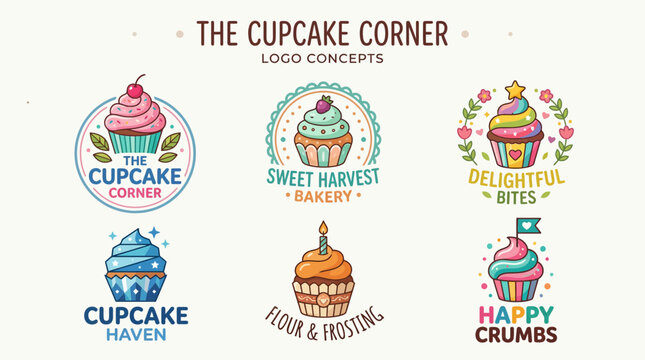 Assorted cupcake and bakery logo concepts with illustrations.