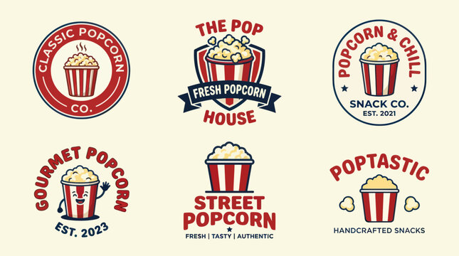Assorted snack and popcorn shop logo design concepts.