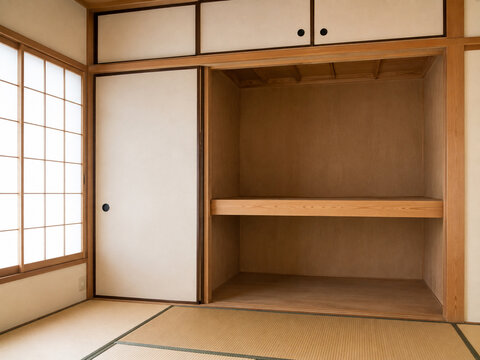 Empty built in wooden closet in a traditional Japanese tatami room after completing a family home cleanout