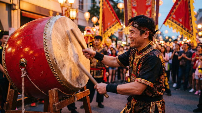 A smiling man beating a large red drum during a Chinese New Year festival.